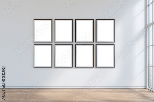 Eight blank picture frames hanging on a wall in modern Gallery with sunlight