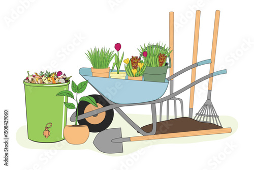 Illustration of compost bin and gardening tools. Recycling organic waste. Sustainable agriculture concept. Hand drawn vector illustration