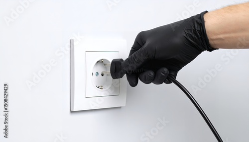 Close-up of a gloved hand plugging a black power cord into a white electrical outlet on a white wall, demonstrating electrical safety and connection.