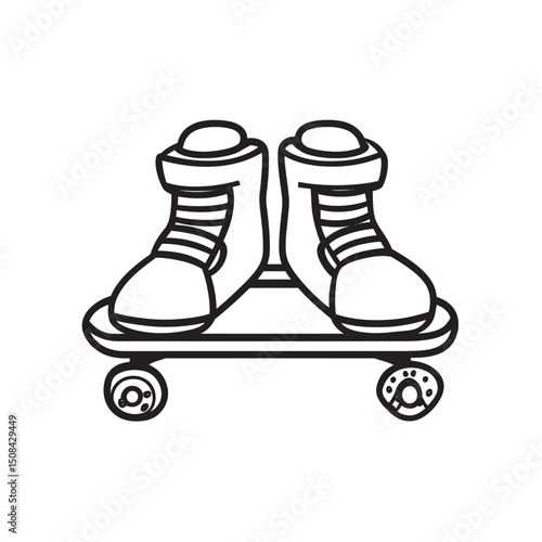 Two cartoon boots stand firmly placed upon an oldfashioned skateboard, shown in outline