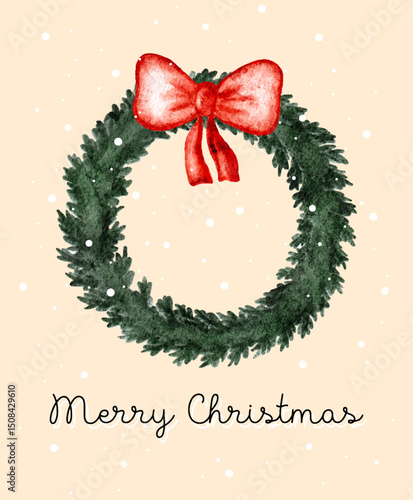 Festive Christmas card featuring a wreath and cheerful bow design. Vector illustration