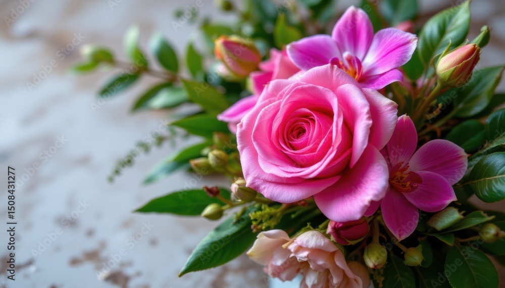 create a captivating floral arrangement featuring a pink rose and tropical orchid flowers surrounded by green leaves create a captivating floral arrangement featuring a pink rose and tropical orchid flowers surrounded by green leaves