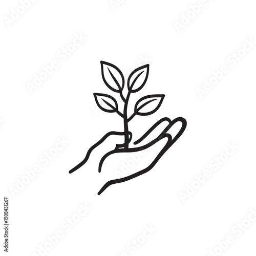 Two hands hold a small leafy sprout, a simple line drawing in monochrome