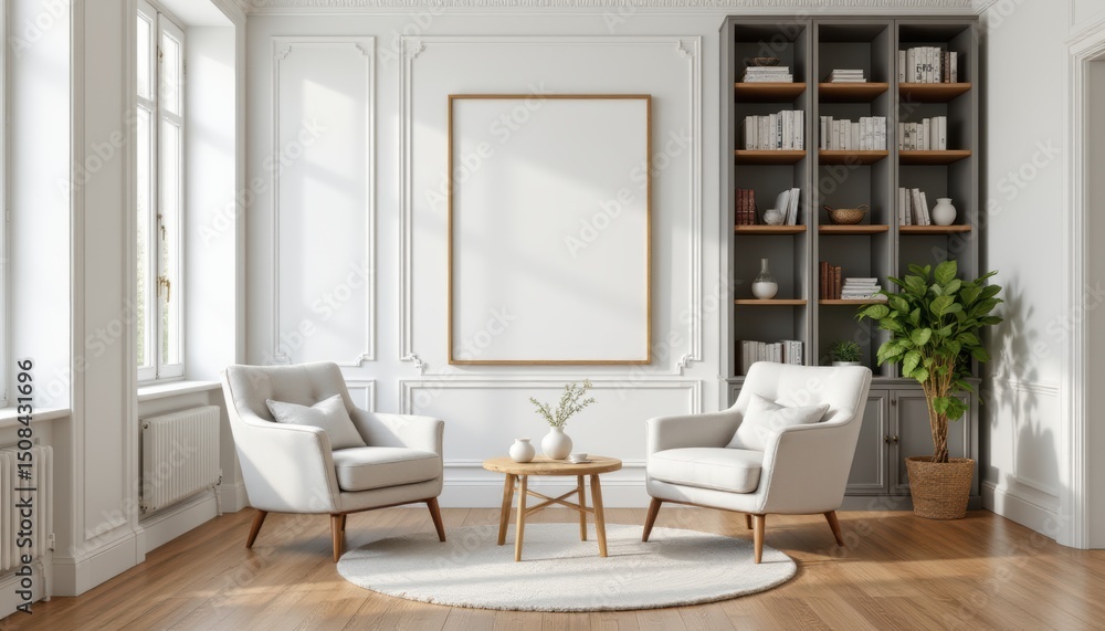 custom made wallpaper toronto digitalcreate a photo of an elegant interior design featuring a chic living area, office lounge, or home library, the setting should have white walls, a wooden floor, two cozy armchairs
