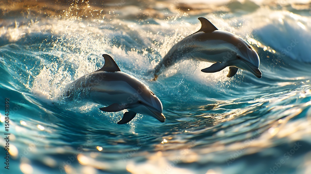 Obraz premium Dolphins racing just below the surface of transparent aqua waves, with splashes trailing behind them and light refracting through the water onto their backs.