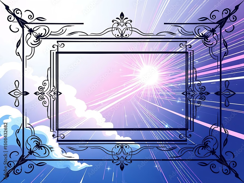 Obraz premium Fantasy Sky Background with Ornate Frame and Energy Rays