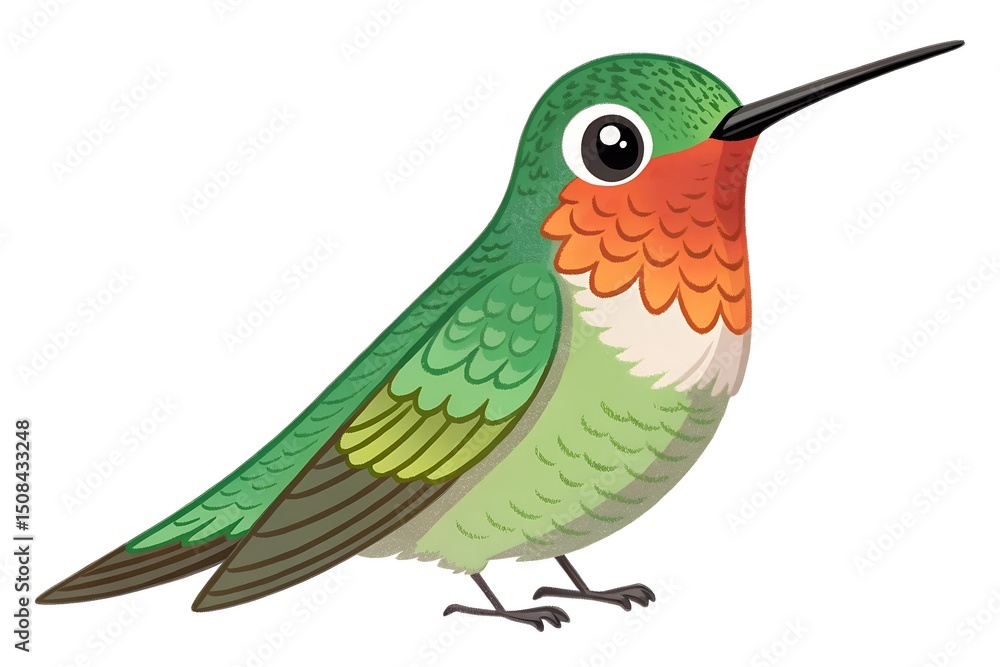 Obraz premium Colorful tropical bird of paradise with a hummingbird on a branch, an exotic nature vector illustration of a flying wildlife animal with green feathers and a distinctive beak
