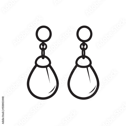 Two outlined teardrop shaped earrings hang with circular connections on transparent background