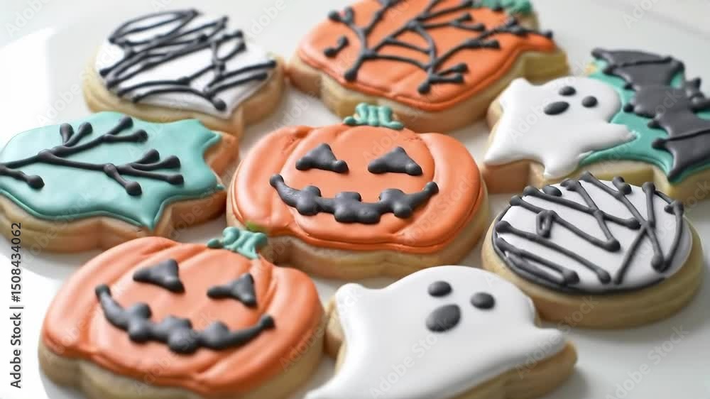 Halloween sugar cookies with royal icing, jack-o’-lanterns, ghosts, spiderwebs, slow orbit and zoom, festive and playful Halloween sugar cookies with royal icing, jack-o’-lanterns, ghosts, spiderwebs, slow orbit and zoom, festive and playful