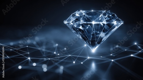 A large, faceted diamond with a crystalline structure sparkles with a digital sheen, set against a dark gradient blue background fading from deep black to lighter blue. Below, a network of glowing whi