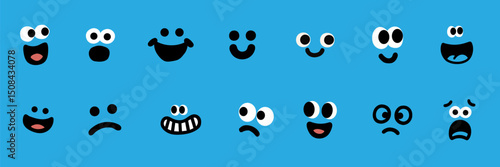 Set of funny and expressive cartoon faces showing various emotions. vector style character expressions, for stickers, kids content and various project