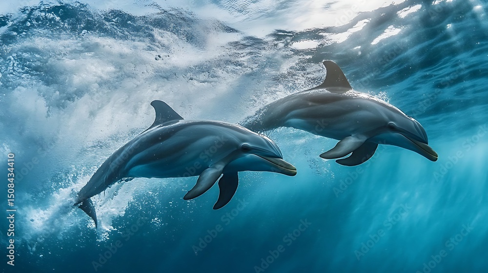 Fototapeta premium Dolphins swimming through clear cerulean waves, surrounded by a fine mist of ocean spray, captured just as they break the surface in synchronized motion.
