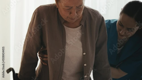 Caring nurse helping elderly woman sit in wheelchair, mobility assistance, care