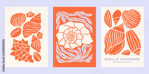 Underwater ocean shells vector posters set. Minimalist retro print designs with seashells illustrations