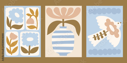Neutral colors floral vector posters set. Minimalist print designs with flower in vase, plants and boho dove illustrations in blue shades
