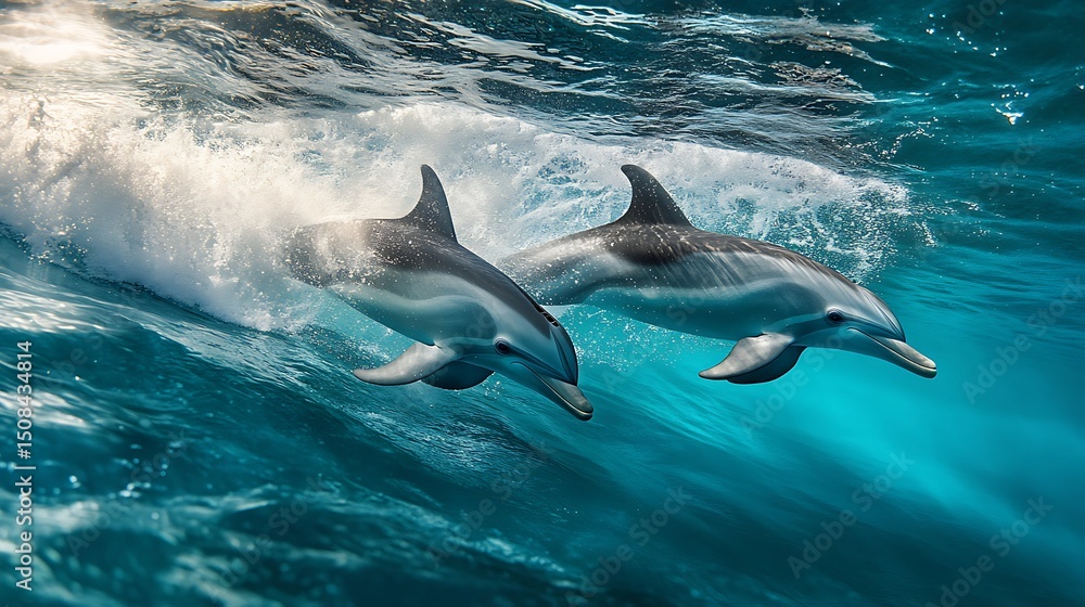 Fototapeta premium Dolphins swimming through clear cerulean waves, surrounded by a fine mist of ocean spray, captured just as they break the surface in synchronized motion.
