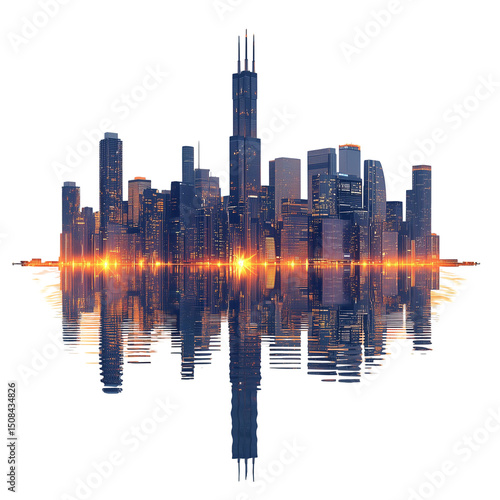 Cityscape skyline reflection concept art of chicago downtown buildings isolated on transparent  background png