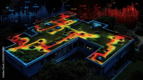 Thermal scan highlights energy efficient building with green rooftop and varying heat zones on a summer day