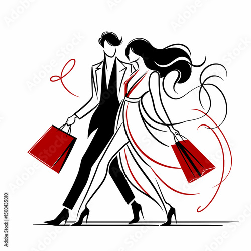 Couple shopping with red bags in fashion vector