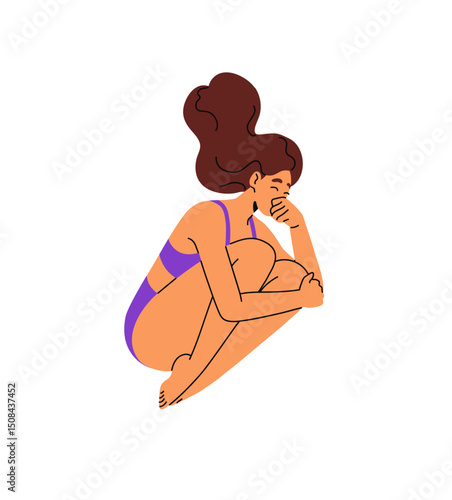 Happy girl in bikini jumps into water. Young woman in swimwear is diving into sea. Person has fun, swimming in the ocean in summer vacations. Flat isolated vector illustration on white background