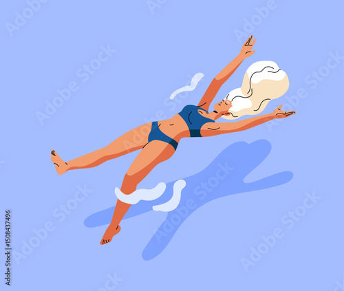Young woman is lying on water and sunbathing in sea. Tanned girl in bikini is swimming in pool top view. Happy female relaxes floating on her back in ocean in summer. Flat isolated vector illustration