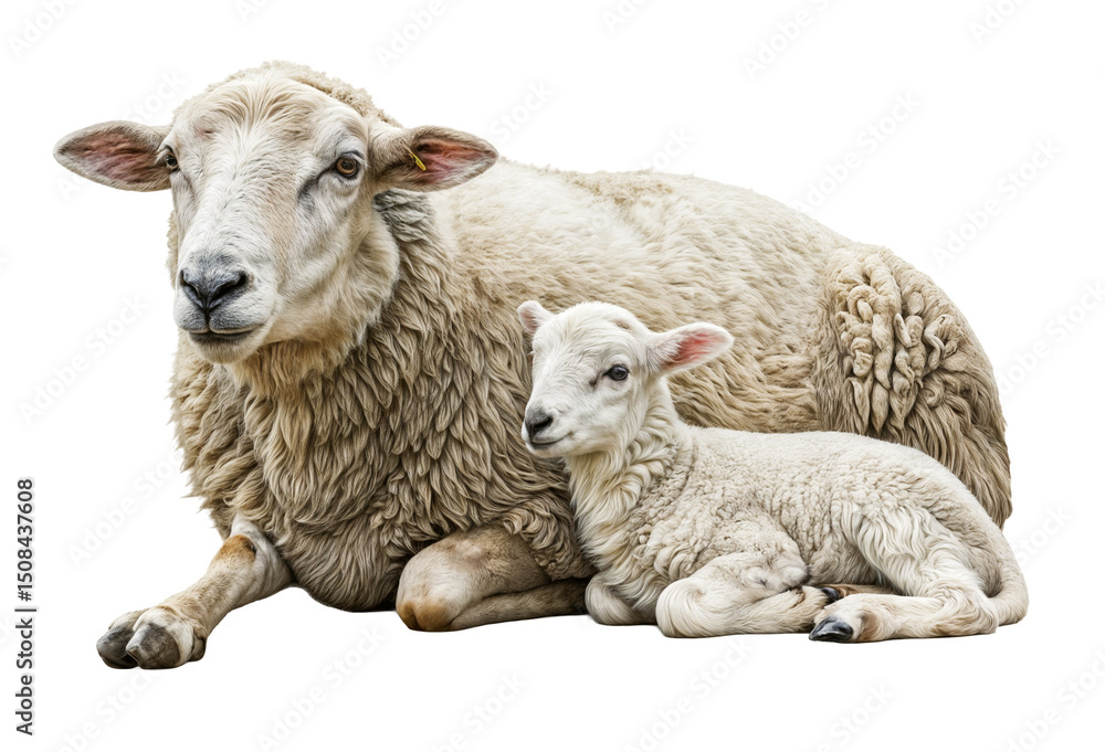 Obraz premium White sheep mother lying together with its baby lamb