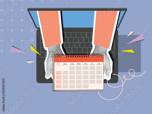 Hands holding out a calendar from a laptop screen. Modern photo collage style. Vector illustration