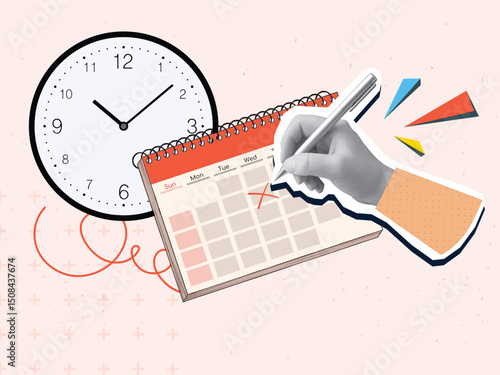 A black and white hand puts a checkmark in a calendar. Modern photo collage style. Vector illustration