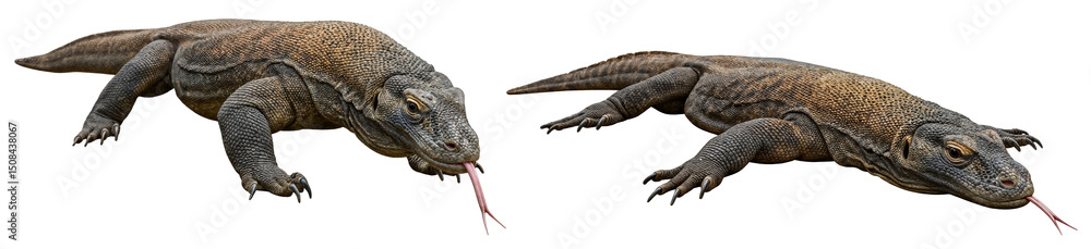 Obraz premium Bundle of two komodo dragons with its tongue out, standing and lying