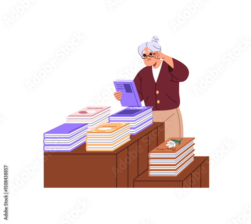 Old woman chooses book in library. Senior lady takes from shelf and looks at novel, story to buy in bookstore. Granny makes choice of literature for reading. Flat isolated vector illustration on white