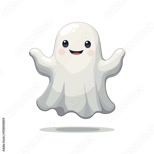 Cute Cartoon Ghost with a Smiling Face Floating in the Air Illustration for Halloween