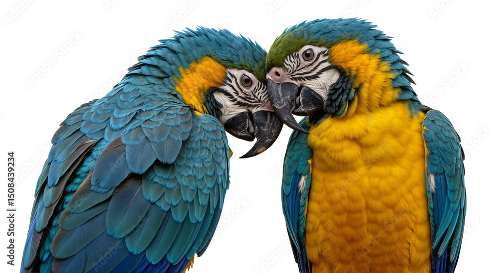 Fototapeta premium Two lovely blue-and-yellow macaws sitting together