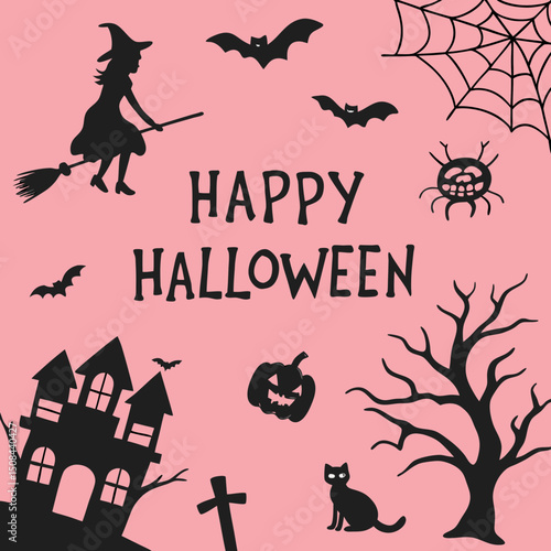 Set of Halloween silhouettes black icon and character. Vector illustration. Isolated on white background.
