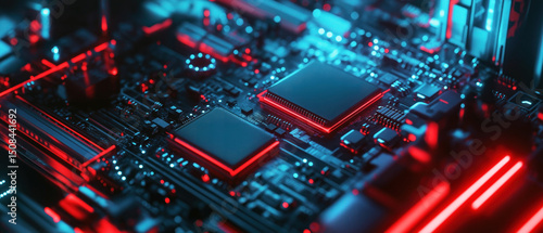 Close-up of glowing red and blue computer motherboard. High-detail view of circuit board featuring microchips, capacitors, and neon lighting in red and blue tones