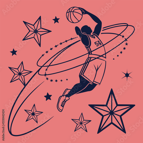 Basketball player dunking with stars