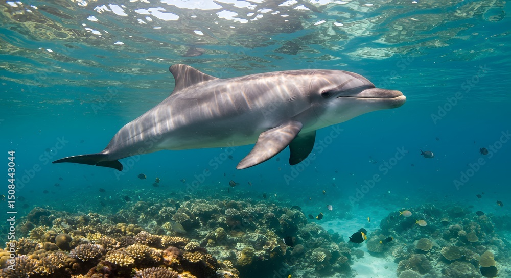 Fototapeta premium Majestic Dolphin Gracefully Navigating Vibrant Coral Reef Ecosystem