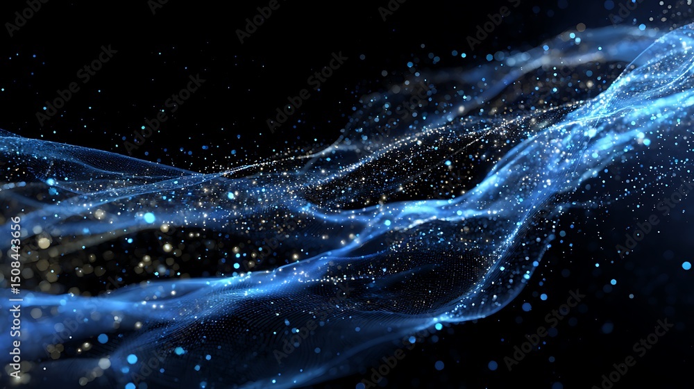 Fototapeta premium Abstract Flowing Particles, Blue and Gold Glittering Waves