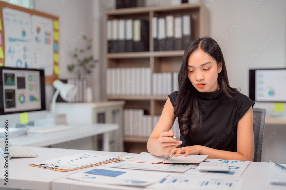 Young asian businesswoman sitting at desk and working on marketing strategy using computer and taking notes on notebook, surrounded by paperwork and charts Young asian businesswoman sitting at desk and working on marketing strategy using computer and taking notes on notebook, surrounded by paperwork and charts
