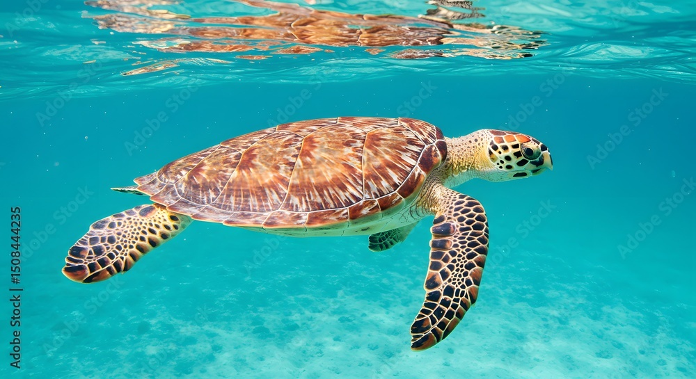 Obraz premium Majestic Sea Turtle Gracefully Gliding Through Crystal-Clear Turquoise Waters