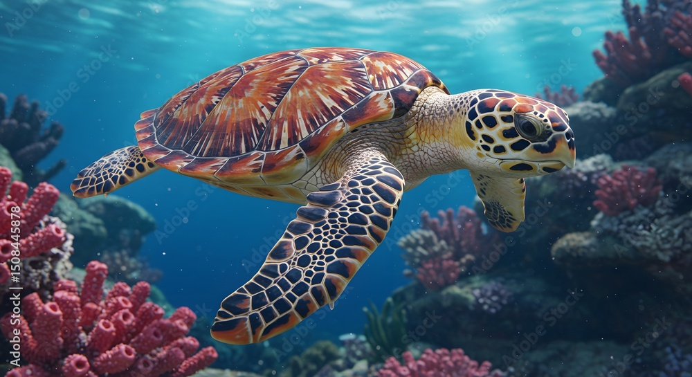 Obraz premium Hawksbill Sea Turtle Gracefully Navigating a Vibrant Coral Reef Ecosystem