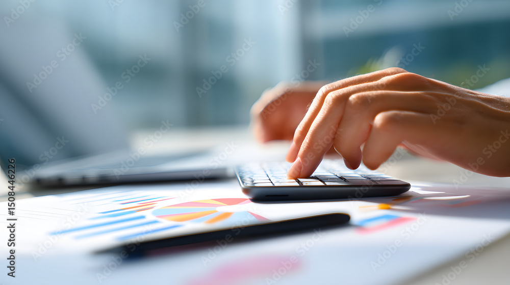 Fototapeta premium Close-up of hands using a calculator on a desk with charts, a pen, and a laptop in the background, symbolizing financial planning and analysis