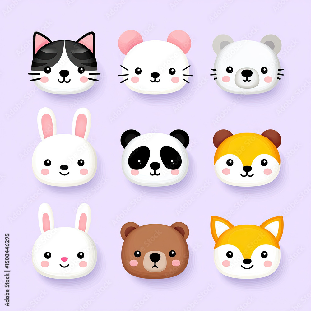 Cute animal faces including cat, mouse, bear, rabbit, panda Cute animal faces including cat, mouse, bear, rabbit, panda