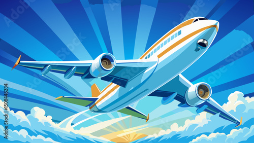 Looking upward, a large jet aeroplane soars gracefully through the vivid blue sky, capturing the essence of aviation, travel, freedom, technology, and modern transportation in a dynamic white backgrou