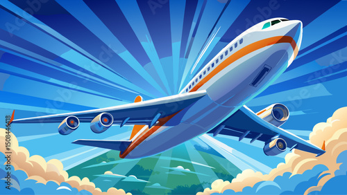 Looking upward, a large jet aeroplane soars gracefully through the vivid blue sky, capturing the essence of aviation, travel, freedom, technology, and modern transportation in a dynamic white backgrou