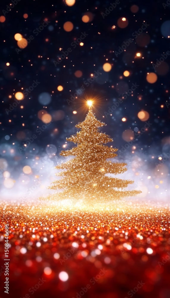 Naklejka premium Gold Christmas Tree on Sparkling Red and Gold Glitter, Festive Holiday Greeting Card Design