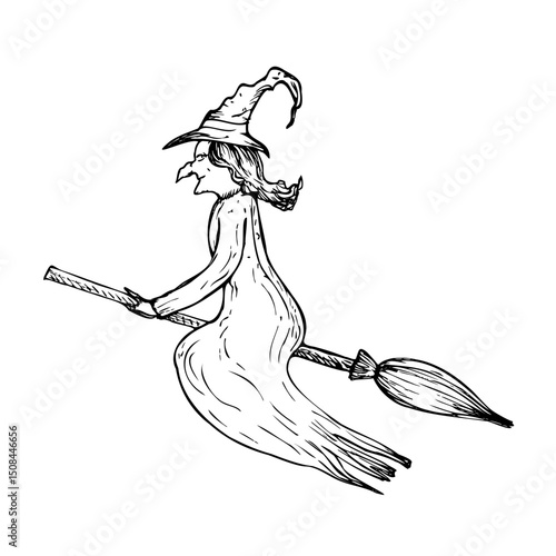 Vector halloween witch flying on a broom witch hat. Hand painted linear wizard cap illustration. Graphic monochrome sketch isolated on background. For designers, prints, logo, icon, menu, postcards