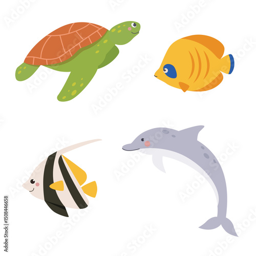 Ocean animals like dolphin,fish,sea turtle on isolated white background. Vector illustration cartoon flat style