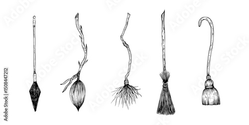 Vector set of flying witch's brooms. Hand painted linear wizard halloween illustration. Graphic monochrome sketch isolated on background. For designers, prints, logo, icon, menu, postcards, holiday