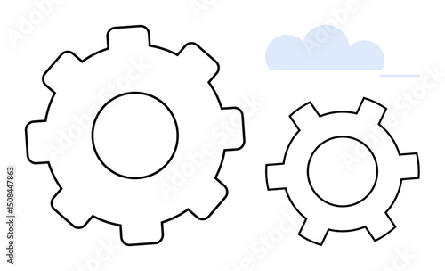 Simplistic overlapping gear outlines beside a light blue cloud, embodying connection, innovation, teamwork, process, software integration, data and system optimization. Ideal for tech platforms or