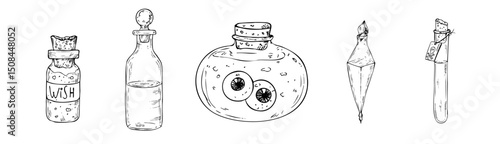 Vector set of Glass potion bottles with cork and eyes, death symbol. Hand painted linear wizard halloween illustration. Graphic magic monochrome sketch isolated on background. For designers, prints